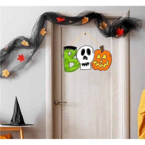 Halloween Decorations Wooden Door Sign for Front Door, Pumpkin BOO Sign Hanging - Picture 2 of 8